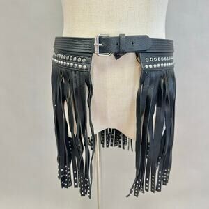 BCBGMAXAZRIA Studded Fringe Waist Statement Belt One Faux Leather Size Large NWT